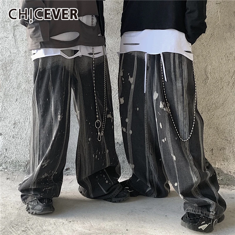 

CHICEVER High Street Colorblock Baggy Jeans For Women High Waist Full Length Wide Leg Loose Women's Fashion Jean 2021 Fashion