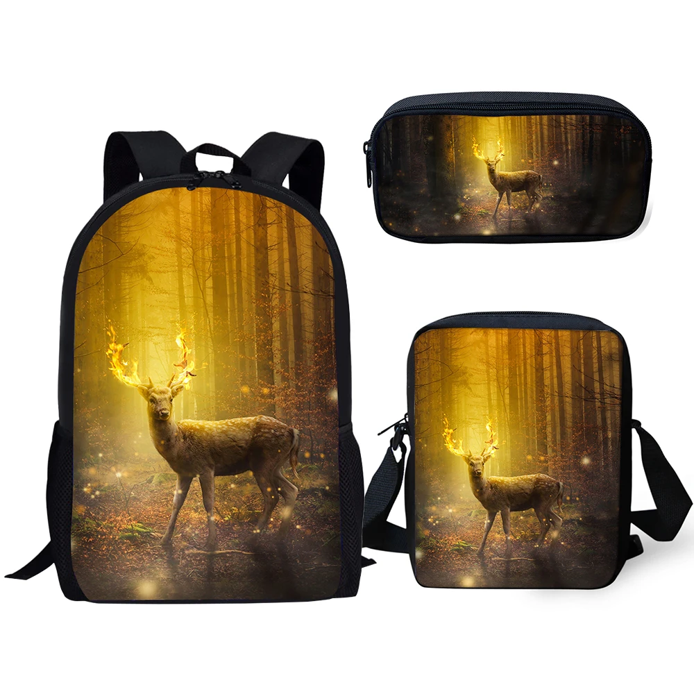 HaoYun 3PCs Set Children School Backpack Arts Fantasy Deer Kids School Bags Kawaii Animal Students Backpack/Flaps Bag/Pen Bags