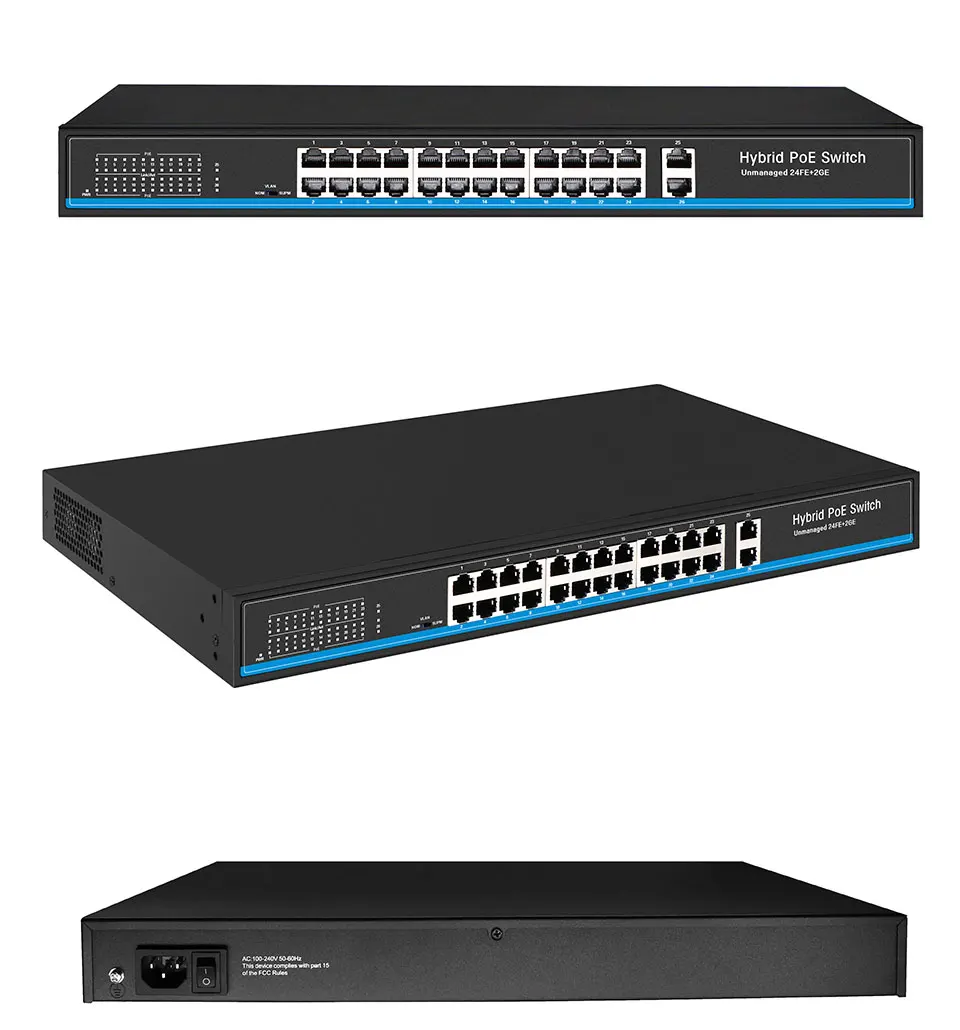 24 Порты и разъёмы 10/100 Мбит/с PoE Коммутатор Ethernet sup Порты и разъёмы IEEE802.3af/at с 2 Порты и разъёмы 1000 м для программирования в производственных условиях комбинированный коммутатор питания через Ethernet poe 48V RJ45