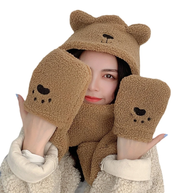 

Women Winter 3 In 1 Fuzzy Plush Warm Cute Bear Ears Hooded Scarf Hat Gloves Set 85WB