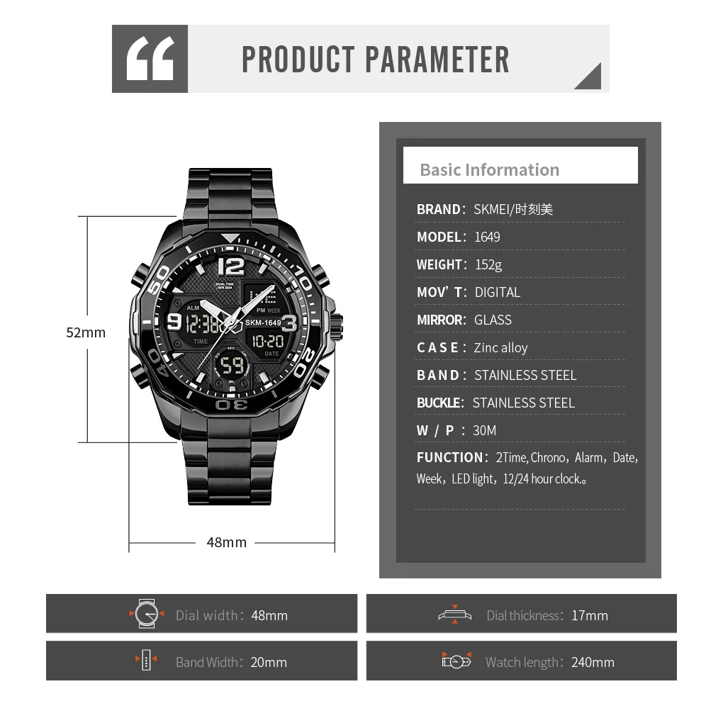 

Luxury Stainless Men Digital Stopwatch SKMEI Top Brand Chrono Quartz Digital Watches Classic Black Men's Watch Relogio Masculion