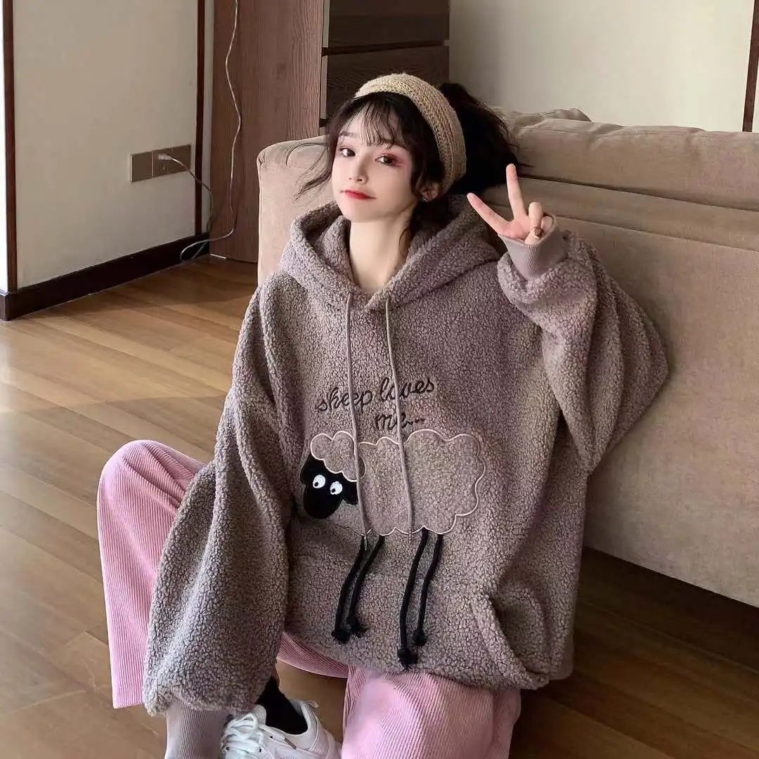 

Deeptown Korean Hoodies Women 2021 Fashion Kawaii Sweatshirt Women Loose Long Sleeve Plus Velvet Tops Winter Warm Pullover