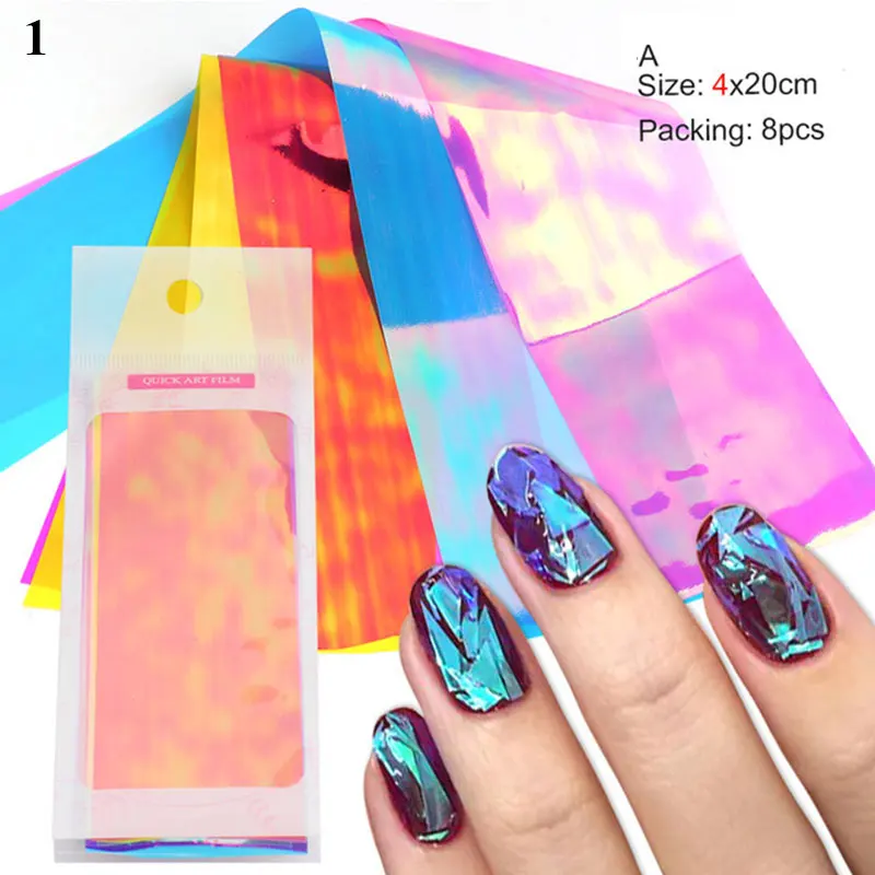 

Laser Cellophane Nail Art Stickers Decals Transfer Paper Colorful Manicure Decoration Aurora Film Broken Glass Nail Foils 8PCs