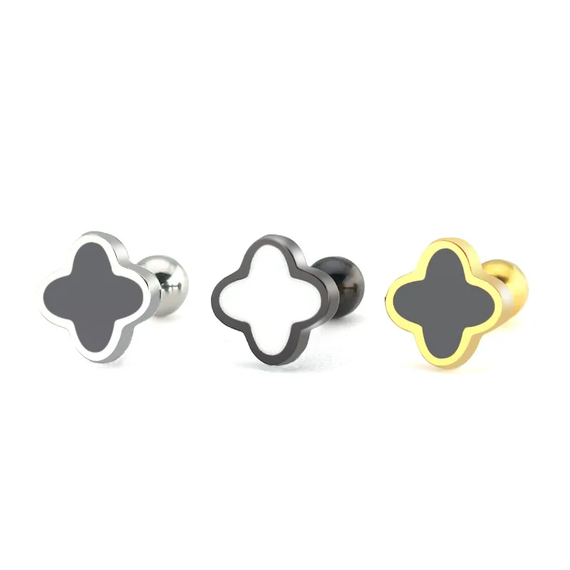 

Stainless Steel Black Enamel Fashion Clover Flower Stud Earrings Women Piercing Punk Earrings Cuffs Clips Jewelry Gifts Bijoux