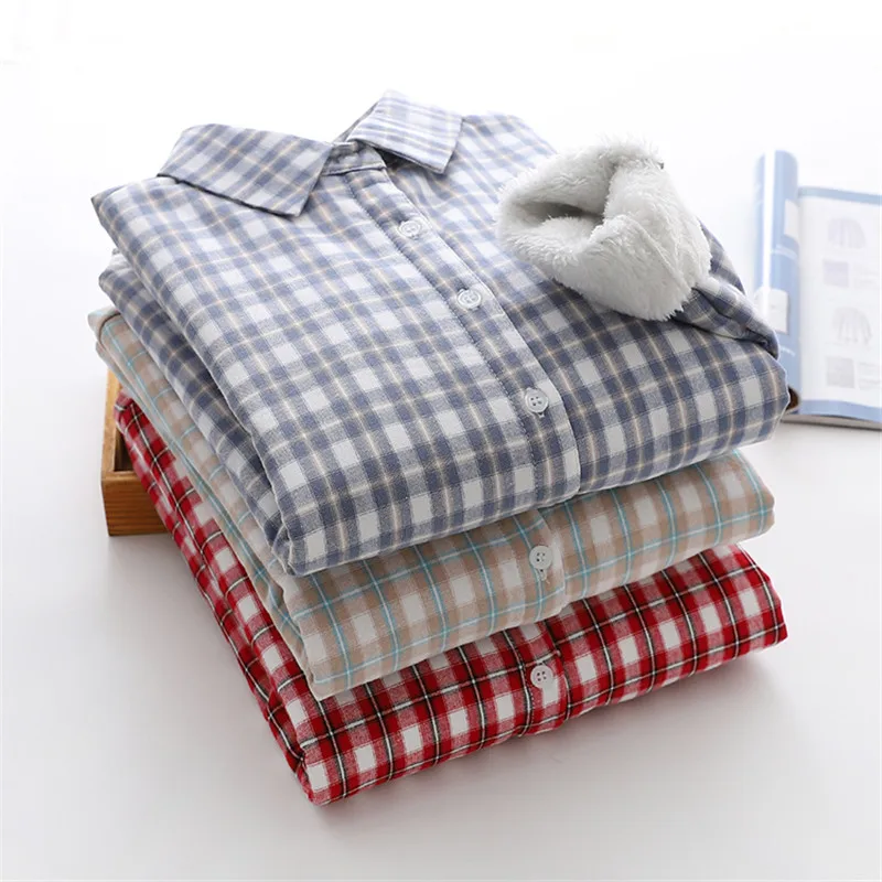 

Plaid Women Blouses Shirts Tunic Womens Tops 2020 Womenswear Long Sleeve Clothes Up Down Thick Velvet Winter Warm Preppy Coat