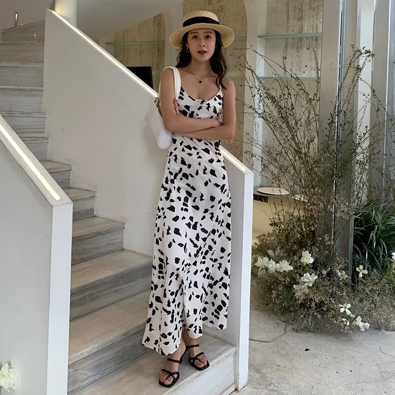Maxi Printed Women Slip Dress Summer 2020 Elegant Runway Slim Satin Party White Long Tropical Boho Beach Vacation Sundress | Женская