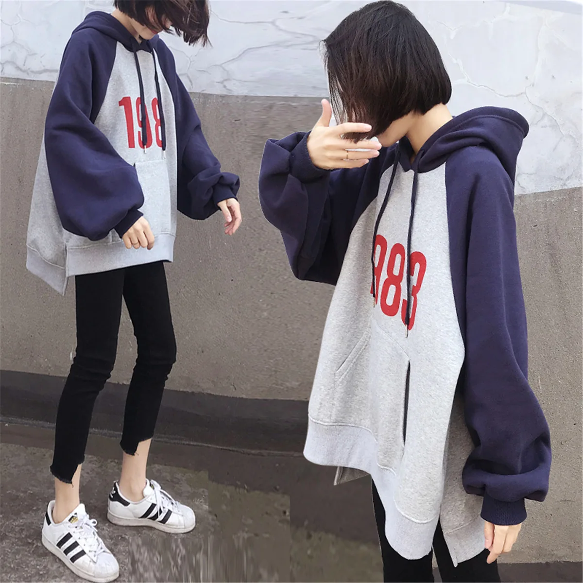 Женская толстовка с капюшоном свободного покроя контрастных цветов | одежда