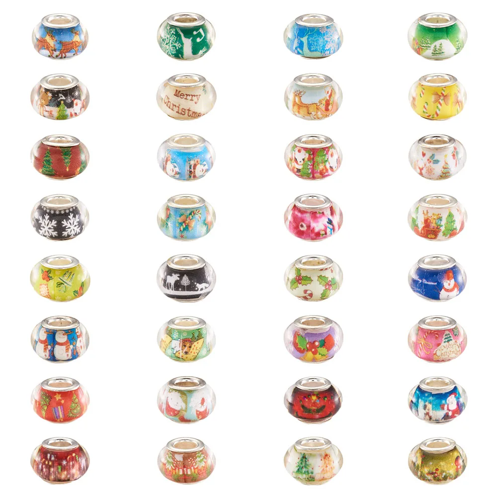 

128pcs/set Resin European Beads Christmas Theme Rondelle Large Hole Beads with Brass Double Cores hole: 5mm, 4pcs/color