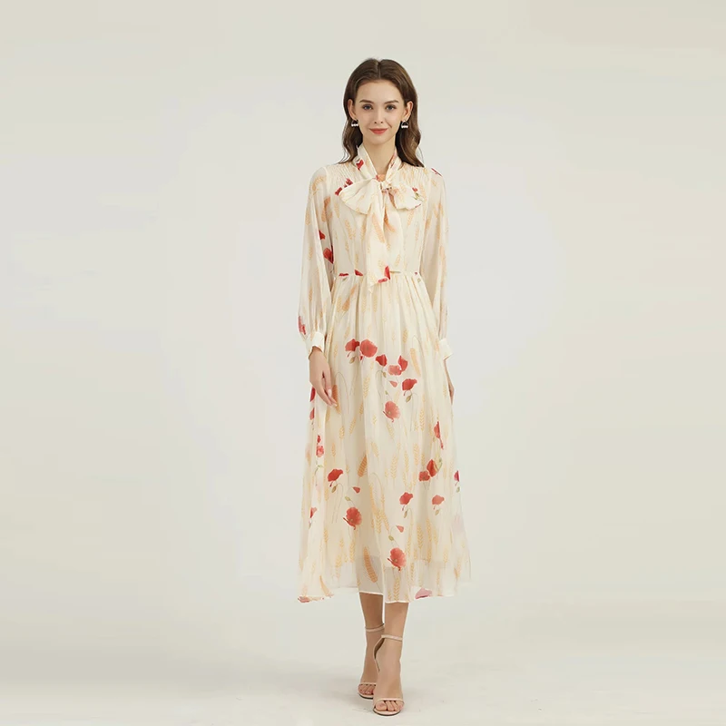 MIUXIMAO 2021 New Autumn Women's Clothing Bow Collar Long Sleeve Printing Slim Waist Dress Fashion Elegant Office Style
