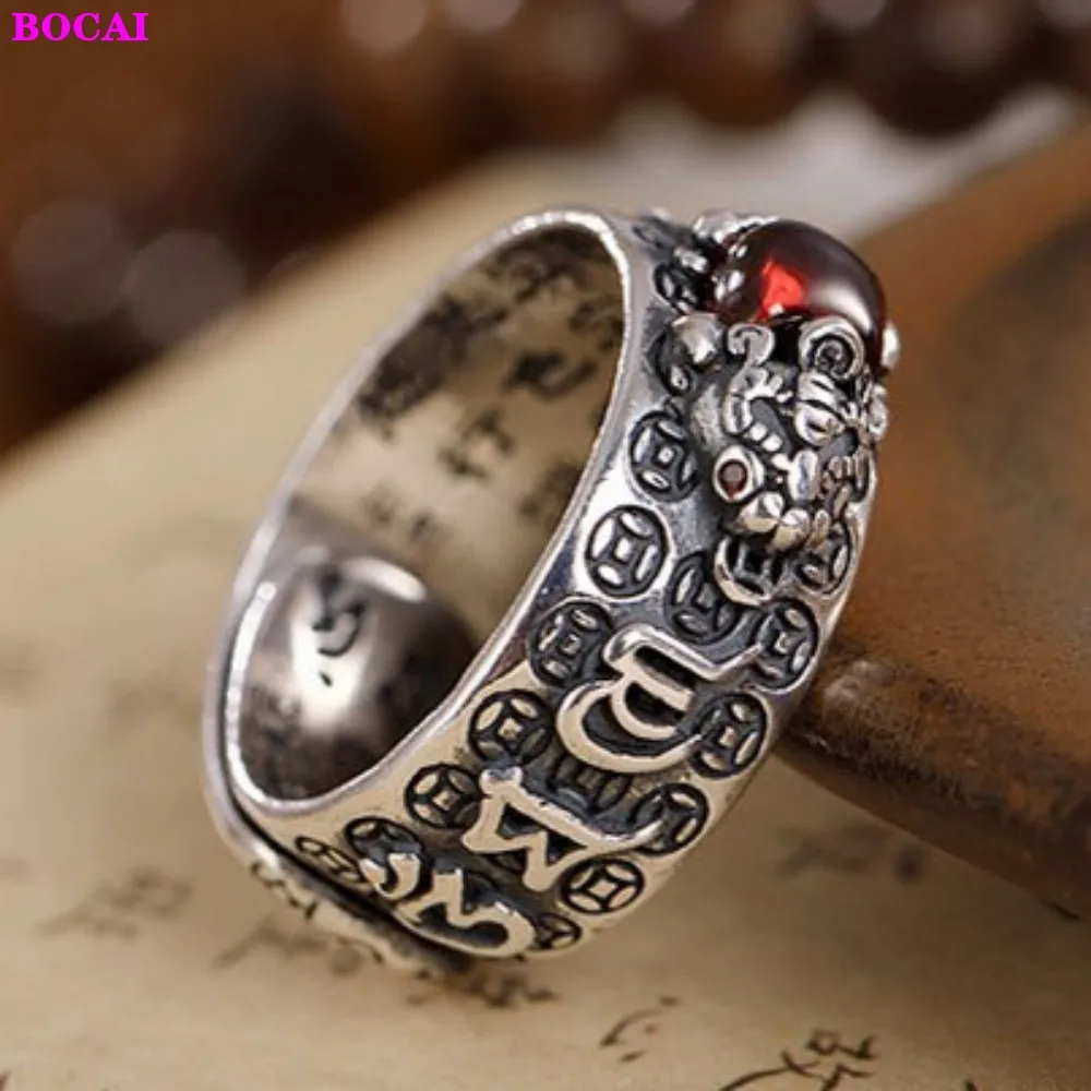 

BOCAI S990 sterling silver rings for men and women six character real words personality Thai silver craft opening ring 2020 new