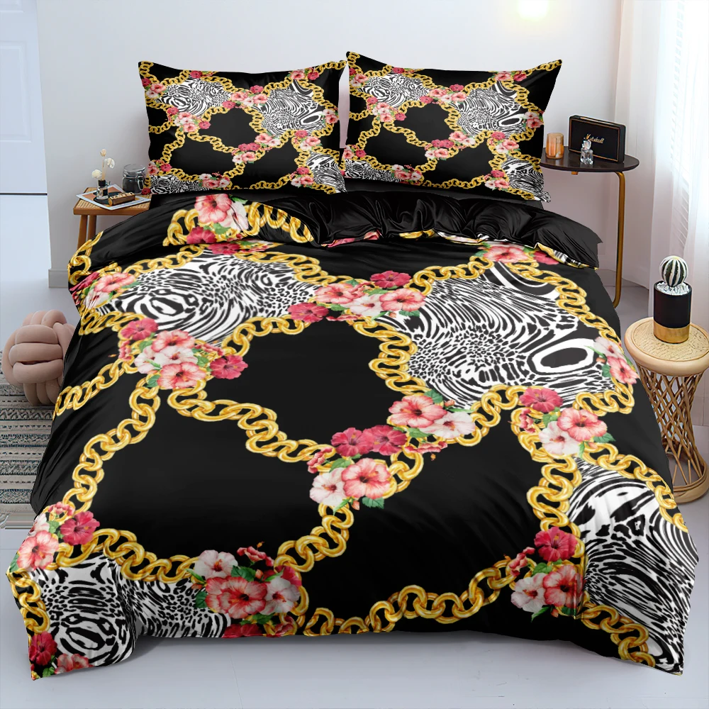 

3D Golden Lock Duvet Cover Set Baroque 220x240cm Twin Single King Size Bed Linen Black and White Brilliant Soft Home Textile