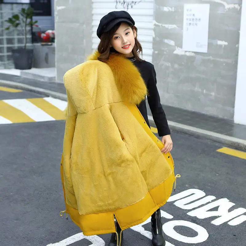 

Girl Winter Jacket Kids Outdoor Warm Coat Parka Children's Clothing Windproof Thickening Plus Velvet Jacket Fur Hooded Outerwear