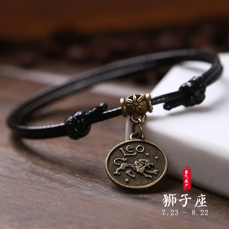 Leo Women Vintage Black Rope Chain Anklets 12 Constellations Couple Bohemian Ankle Bracelet Lovers Accessories Boho Foot Jewelry - Окраска металла: Leo
