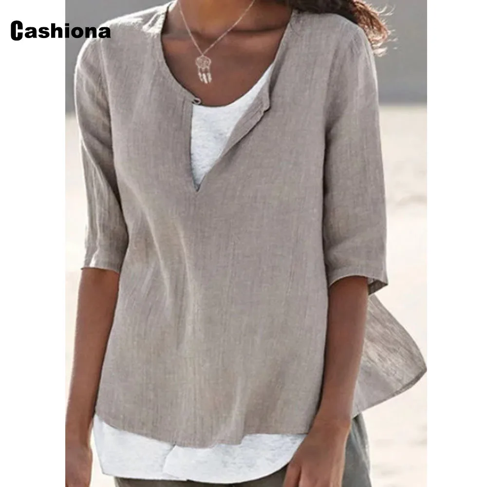 Cashiona 2021 summer new elegant leisure blouse women short sleeve linen tops plus size 4xl 5xl feminina blusas shirt ropa mujer