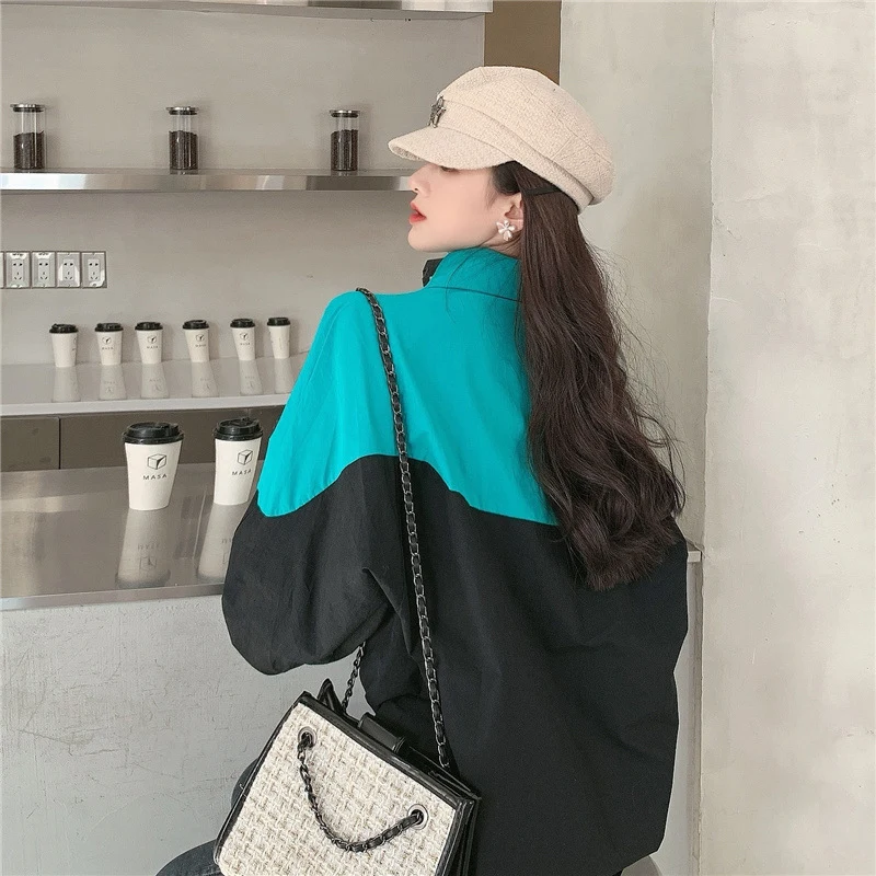 

PEONFLY Women Blouses Shirts 2021 New Korean Fashion Contrast Loose Button Up Shirt Female Chic Tops Chemises Chemisiers Lady