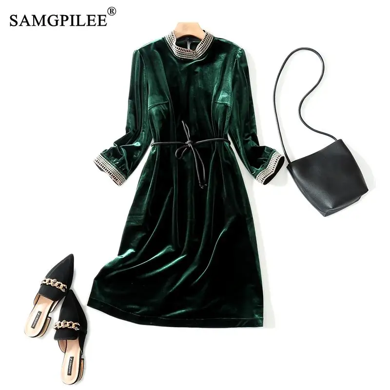

Autumn Dress For Women 2021 Casual A-line Solid Three Quarter Sleeve Sashes Knee-length Empire O-neck Women Winter Clothing 4XL