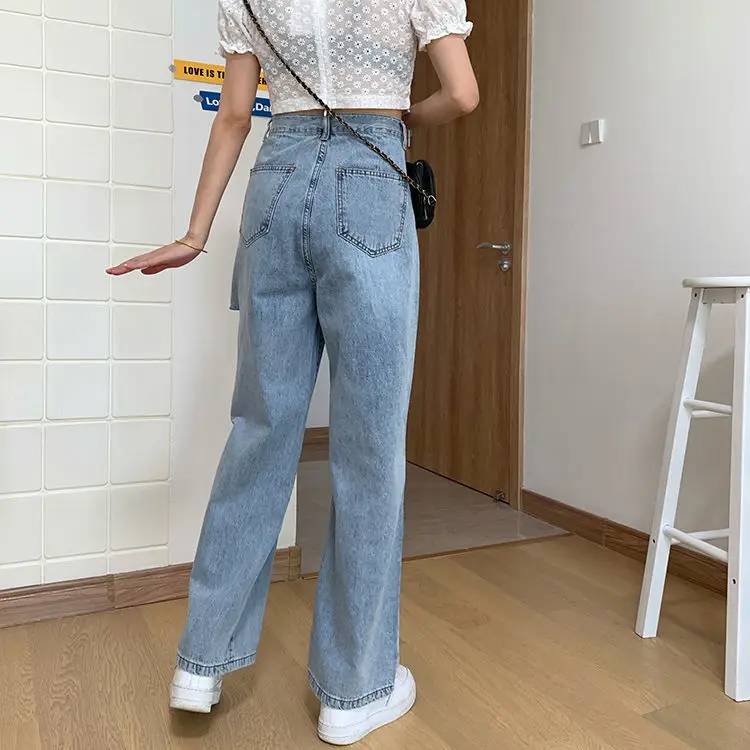 

Hole jeans women's summer 2021 new Korean version ins beggar style loose straight pants high waist trend wide leg pants