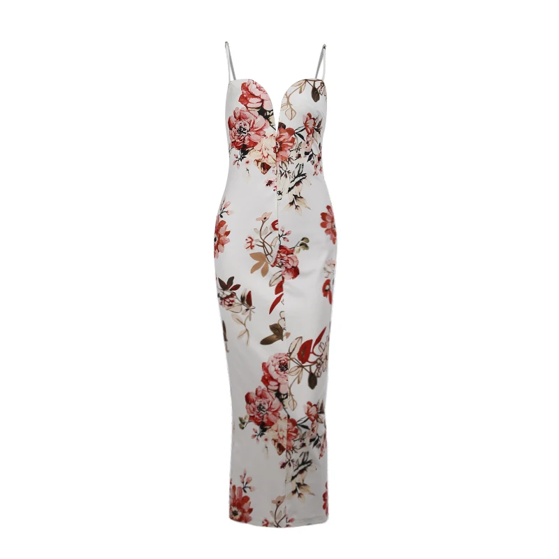 

WannaThis Floral Print Sleeveless Women Ankle-Length Strapdress V-Neck Korean Backless Bodycon Retro Robe Sexy Summer Gril Dress