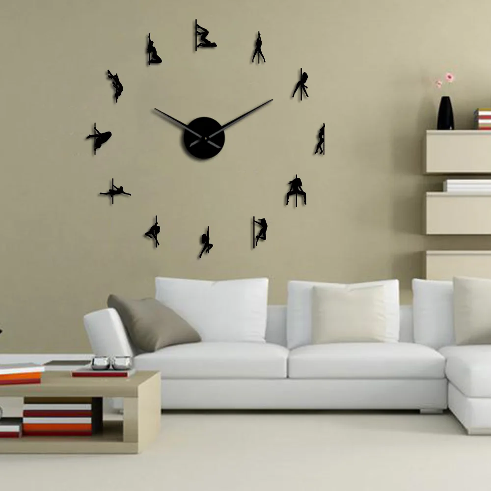 Pole Dance DIY Giant Wall Clock Sexy Girls Stripper Mirror Numbers Stickers Steal Tube Dancer Night Club Decor Modern Wall Clock