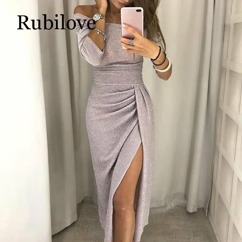 Rubilove, Сексуальные вечерние платья с открытыми плечами, женское облегающее платье с высоким разрезом, Осеннее яркое шелковое блестящее платье с рукавом три четверти - Цвет: Apricot