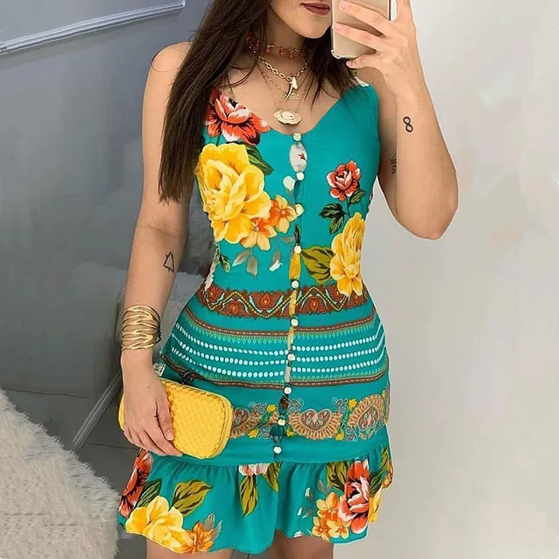 

Casual Women Summer Spaghetti Strap Mini Dresses Bottoned Floral Butterfly Print Ruffles Dress