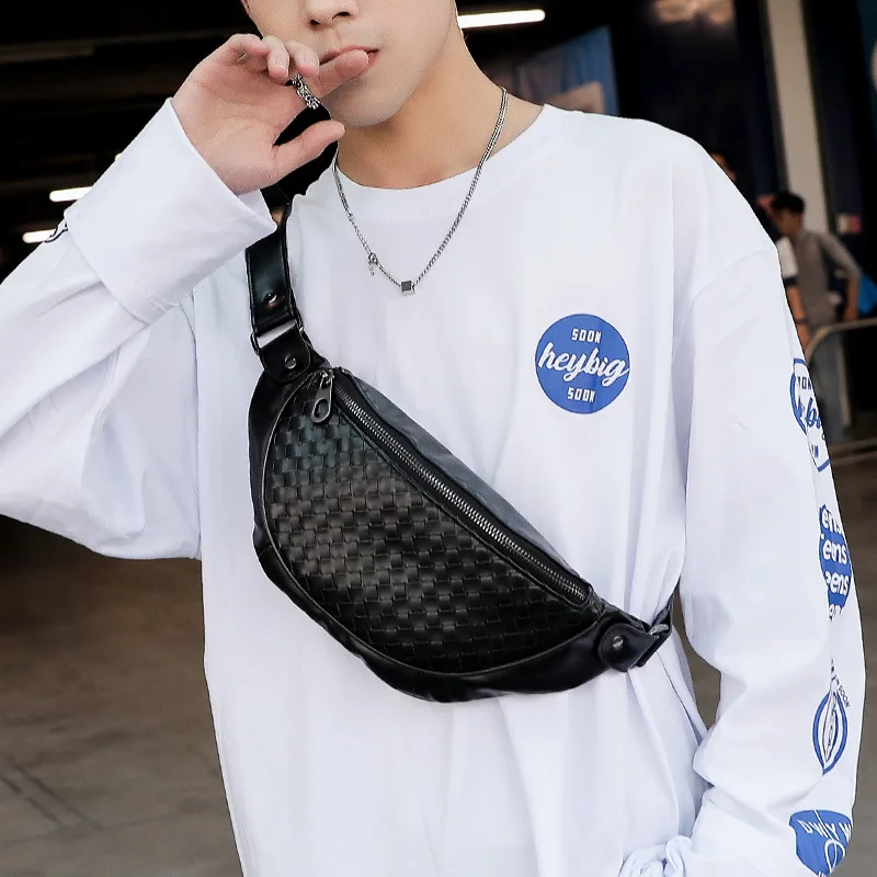 

Fashion Men Plaid Leather PU Weave Fanny Pack Shoulder Crossbody Bag Male Belt Hip Bum Waist Bags Phone Banana Chest Bags Purses