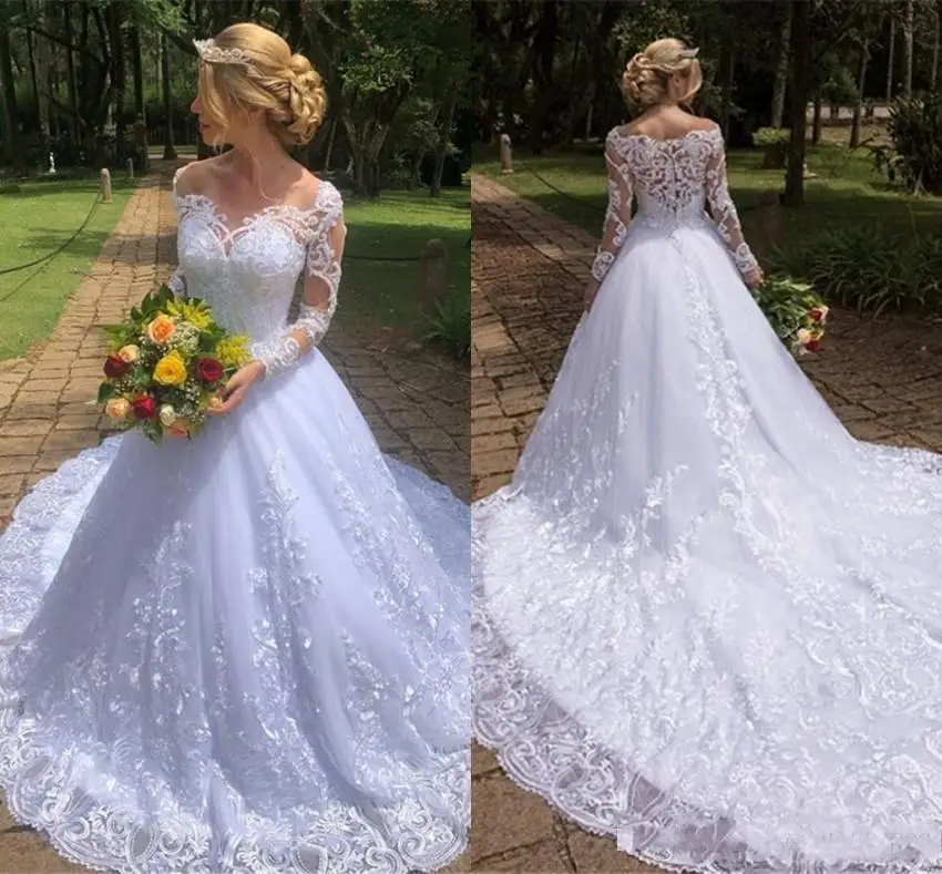 Cheap Summer Garden A Line Wedding Dresses Sweetheart Lace Appliques Long Sleeves Court Train Plus Size Formal Bridal Gown
