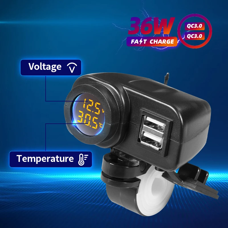waterproof 36w qc3 0 phone charger double usb moto motorcycle cigarette lighter socket for starting device voltmeter temperature free global shipping