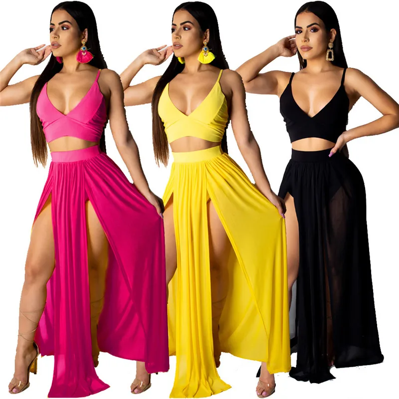 2021 Sexy Summer Two Piece Set Dress Women Chiffon Maxi Ladies Sleeveless Beach Sundress Formal Evening Party Long Dresses | Женская