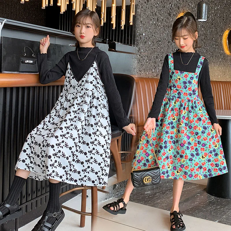 

Girls Dress Sets Spring Autumn Kids Floral Dress Casual Long-sleeve Undershirt Strap Dresses Two-piece Teens Children's Clothing