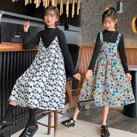 girls dress sets spring autumn kids floral dress casual long sleeve undershirt strap dresses two piece teens childrens clothing