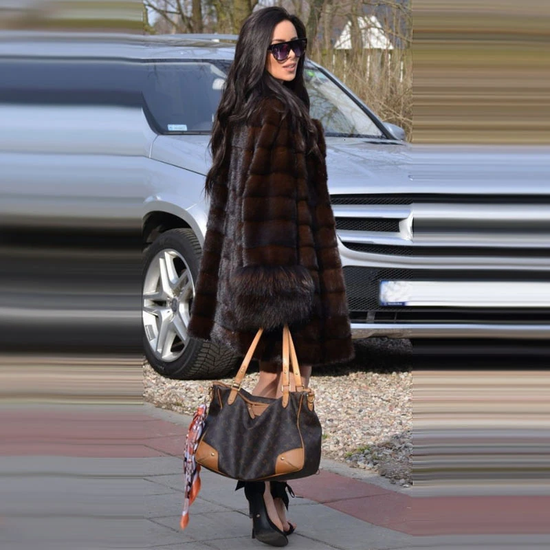 TOPFUR Clearance Price Fashion Real Fur Coats With Raccoon Fur Cuff Women Long Whole Skin Fur Coat Winter Mink Fur Jackets