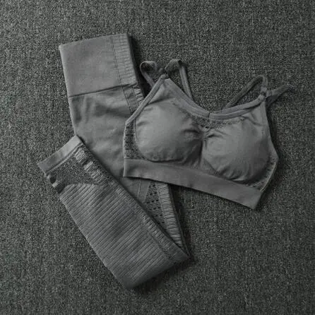 1728 gray sets Бесшовный комплект для йоги, женская одежда для фитнеса, спортивная одежда, женские леггинсы для спортзала, мягкий пуш-ап спортивный бюстгальтер на бретелях, 2 шт., спортивные костюмы - Цвет: 1728 gray sets