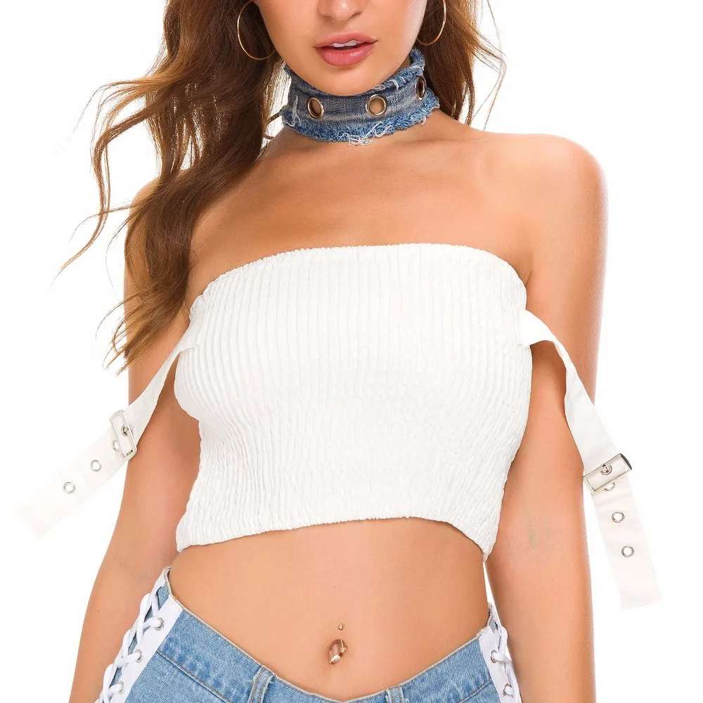 2019 сексуальный белый джинсовый летний укороченный Топ для женщин бюстье Холтер