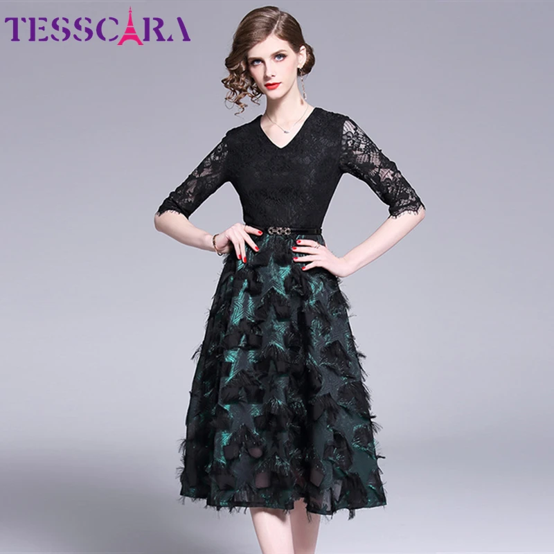 Женское осеннее элегантное Сетчатое платье TESSCARA с V образным вырезом женские