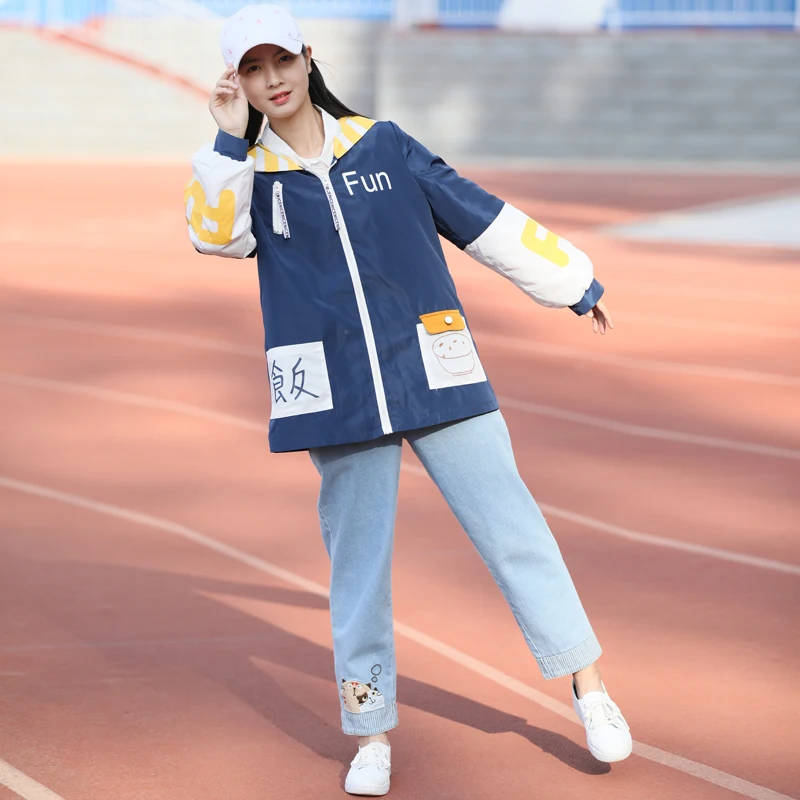 Women Patchwork Coats Preppy Style Pocket Rice Print Hooded Loose Jacket Spring Long Sleeve Basic Outerwear 2048571