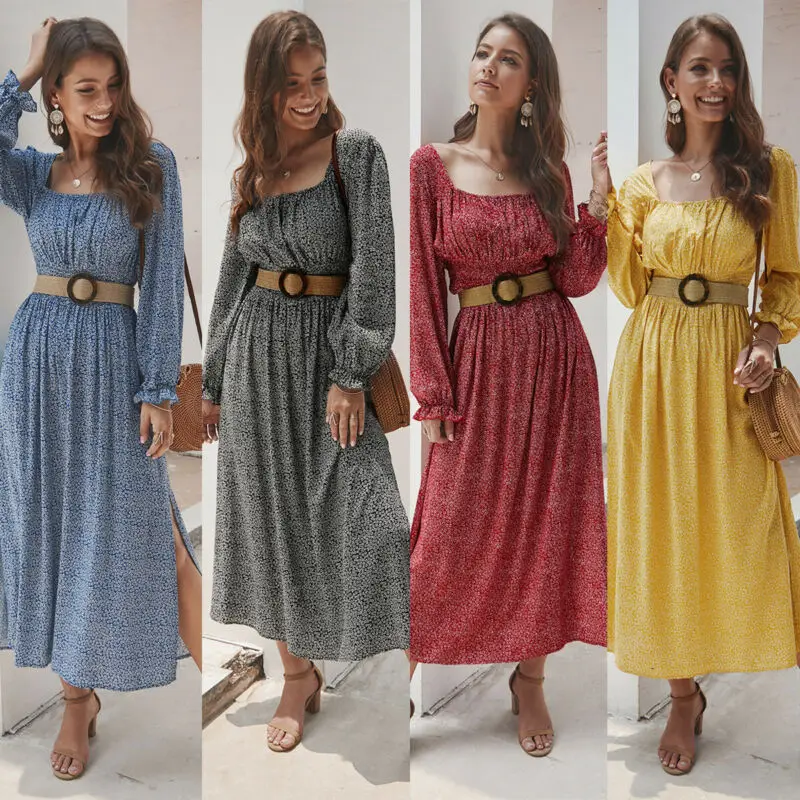 Женские длинные расклешенные рукава осеннее платье в горошек Длинное Макси