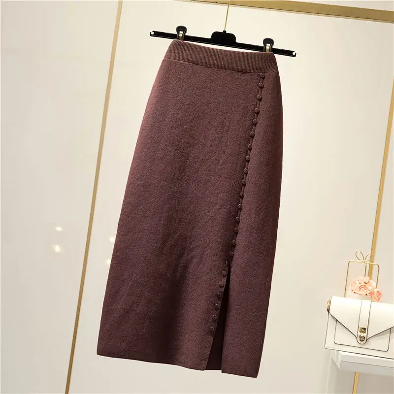 

2020 New Spring Autumn Elastic Waist Women Skirts Warm Knitted Straight Skirt Ribbed Waistband Mid-Long Skirt 5 Colors Optional