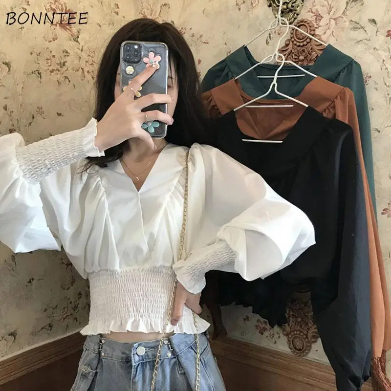 

Shirts Women Solid V-Neck Lantern Sleeve Casual Loose All-match Temperament Autumn Ladies Blouses Korean Style Fashion Student