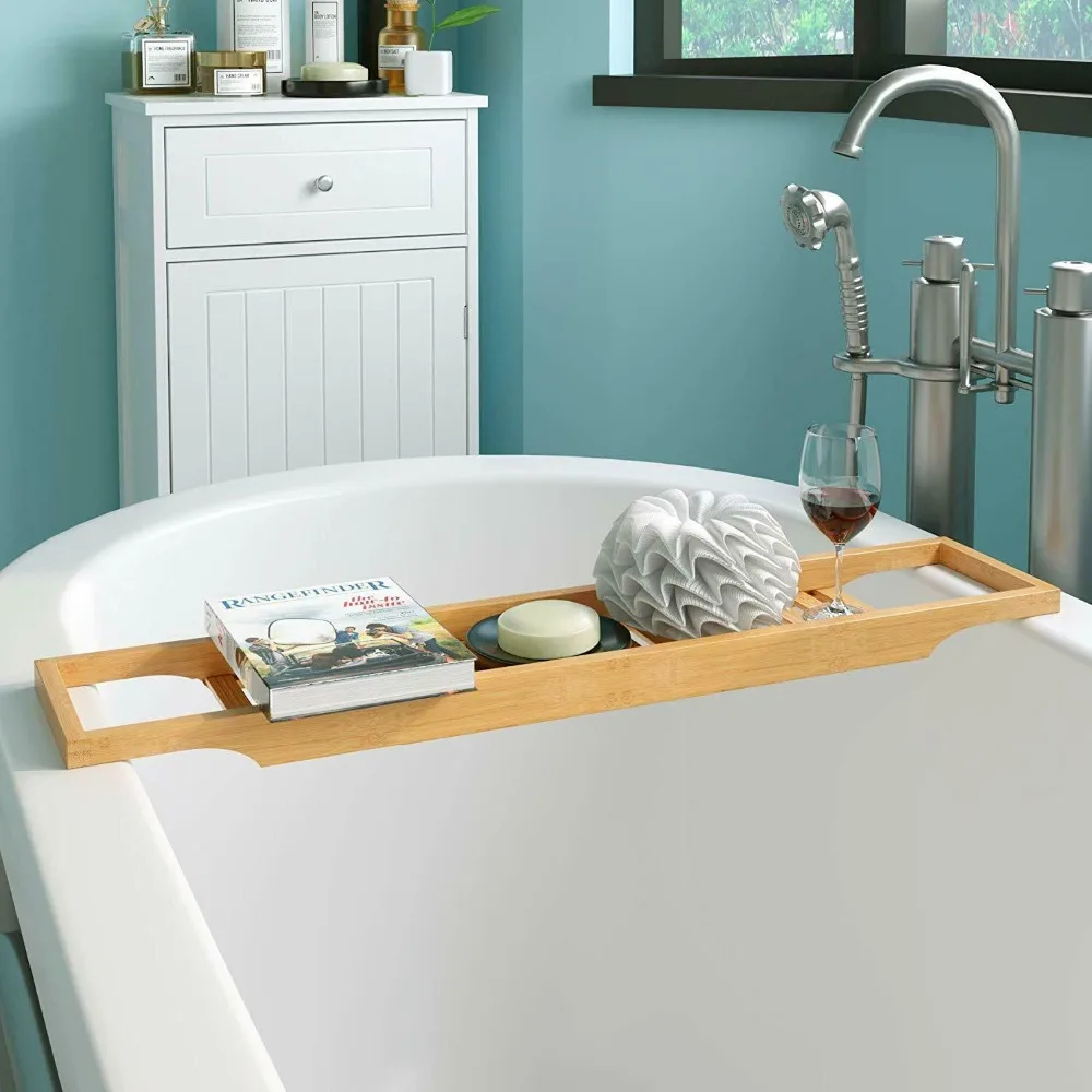 

Bamboo Bathtub Rack White or Natural Color Bath Bridge Caddy Bathtub Storage Rack Tidy Tray Holder for Bathroom Multi-Function