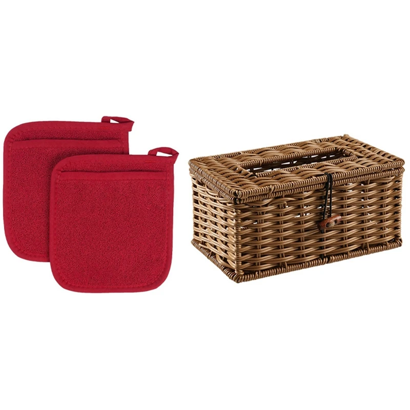 

1 Pcs Imitated Rattan Draw Box Tissue Box 21X12cm & 2 Pcs Baking Gloves Anti-Scalding Microwave Oven Gloves