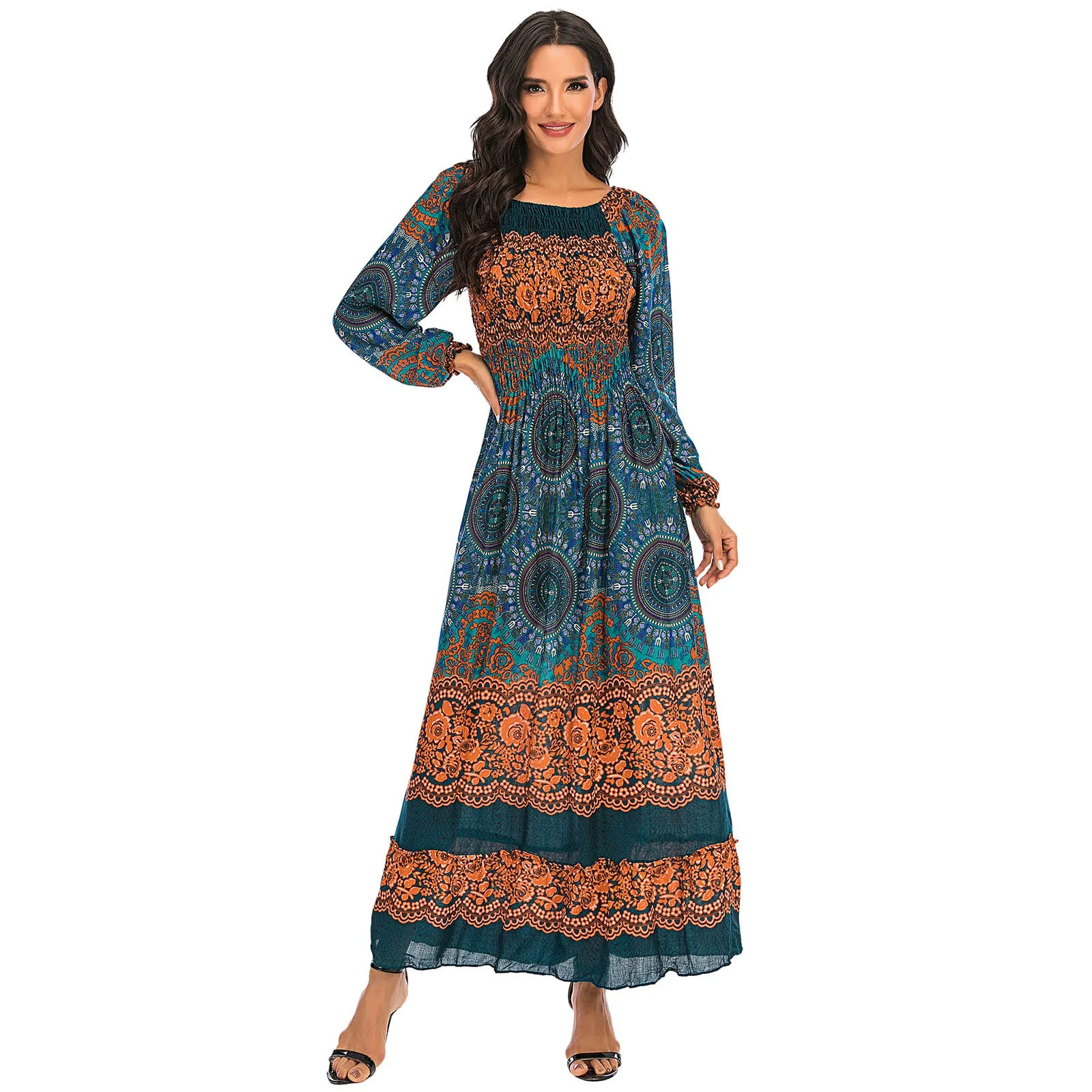 Винтажный шик Vestidos женские Цветочный принт с длинным рукавом пляжные Стиль