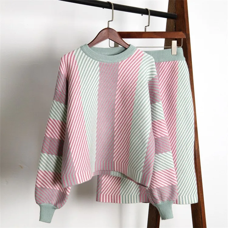 Модные женские полосатые пуловеры свитер юбка комплекты трикотажная костюмы