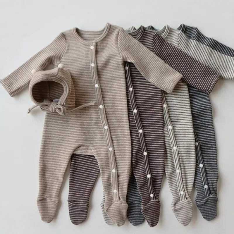

2021 Autumn New Baby Long Sleeve Romper Fashion Striped Newborn Clothes Toddler Boys Jumpsuit Cotton Girl Single Breasted Onesie