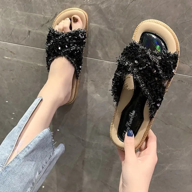 

Beach Shoes Womens Slippers Outdoor Lady Pantofle Low Slides Fashion Sabot Soft Girl 2021 Luxury Flat Bling Basic PU Rubber