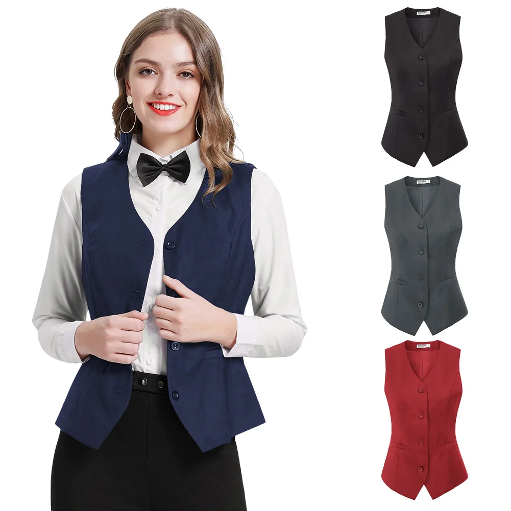 Womens Vest Vintage Coat Sleeveless V-Neck Formal Slim Hem Retro Pockets Solid Cropped Jacket Party Evening Ladies Tops