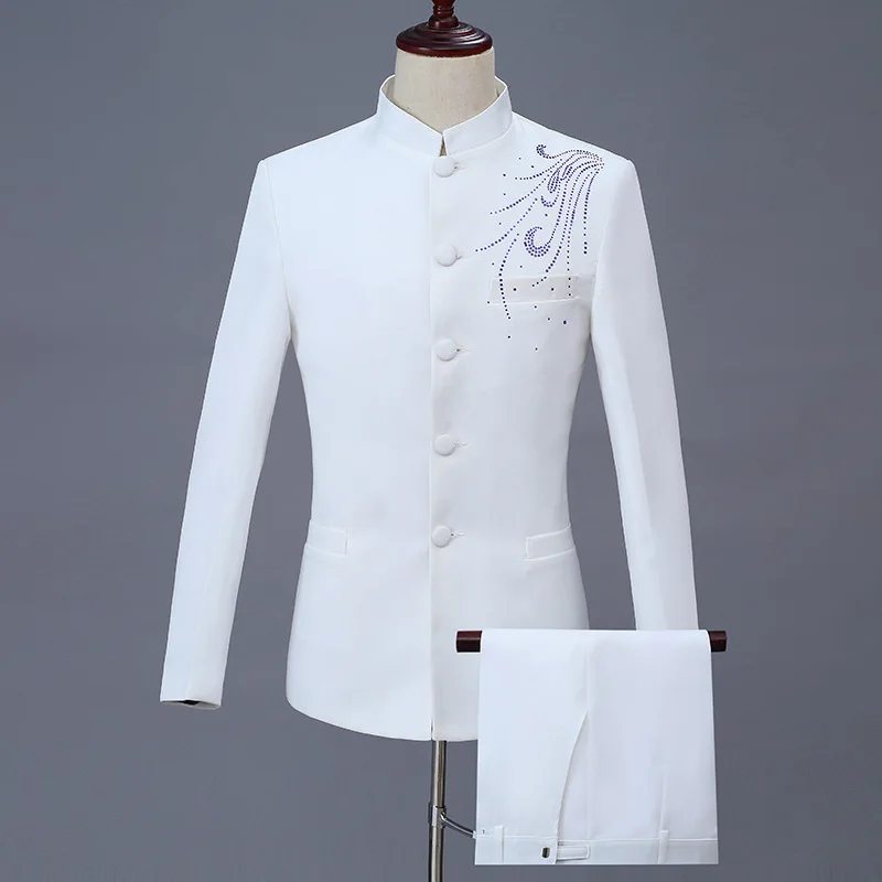 

Single-breasted Rhinestone Floral Male White Singer Concert Show Costumes Plus Size Formal Men's Groom Wedding Party Blazer Sets