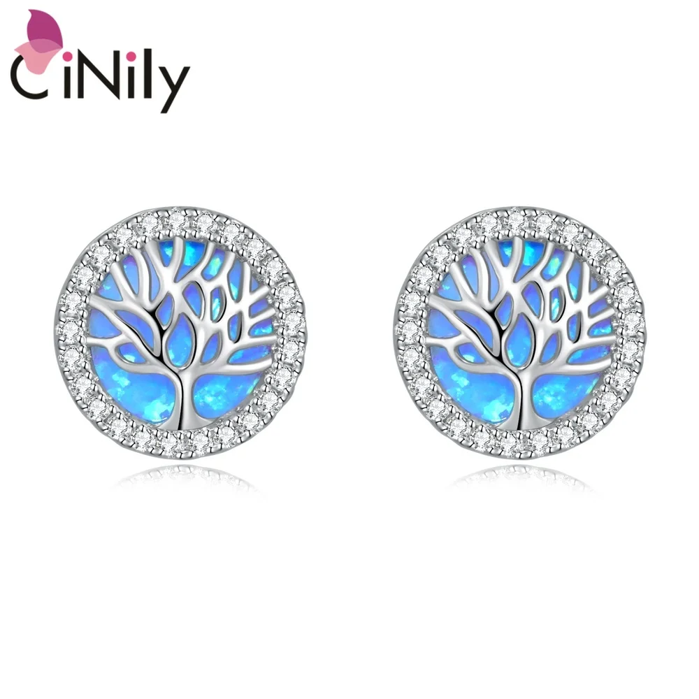 

CiNily Tree of Life Blue & White Round Opal Silver Plated Fashion Jewelry Stud Earrings for Spring Girl Woman Jewelry Earring