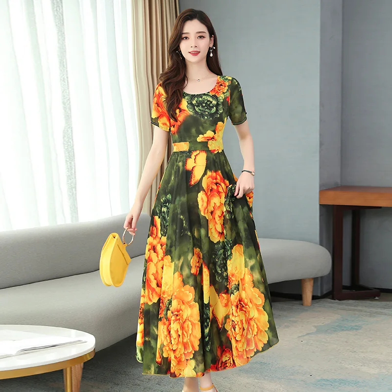 

Summer Dress 2020 Women New Flowers Printed Round neck short sleeve Slim A-Line Elegant Dress Plus Size M-4XL