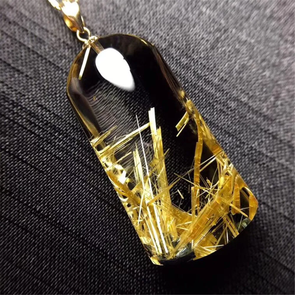 

Top Natural Gold Rutilated Pendant Jewelry For Woman Man 18K Gold Wealth Luck Crystal 30x14x8mm Rectangle Beads Gemstone AAAAA